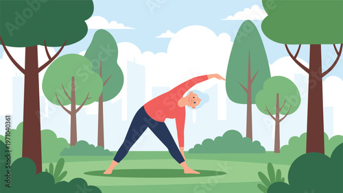 Senior woman practices yoga and stretching in a green city park surrounded by lush trees and urban skyline background.
