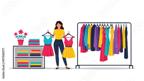 Young woman shopping for clothes and holding two different dresses in front of a full rack of colorful apparel in a fashion boutique.