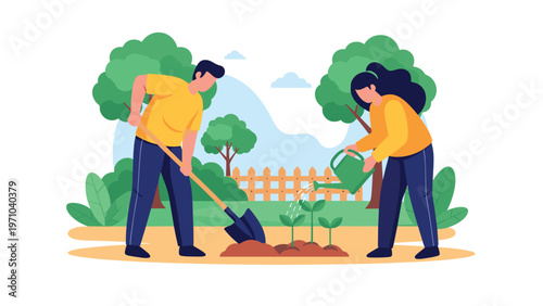 Young man and woman working together in a garden planting sprouts while watering and digging the soil on a sunny day.