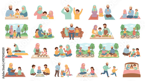 Happy Muslim Family Life Activities Flat Vector Illustrations Set for Parenting  Islamic Culture