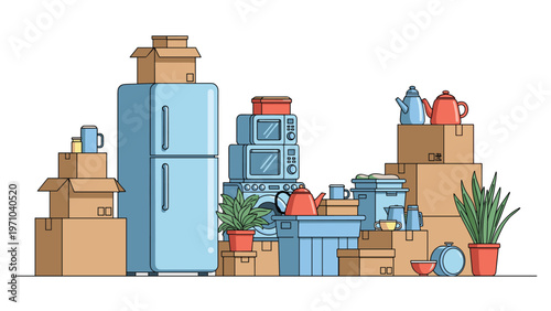 Cluttered pile of cardboard moving boxes, a refrigerator, microwave, washing machine, and plants ready for house relocation.