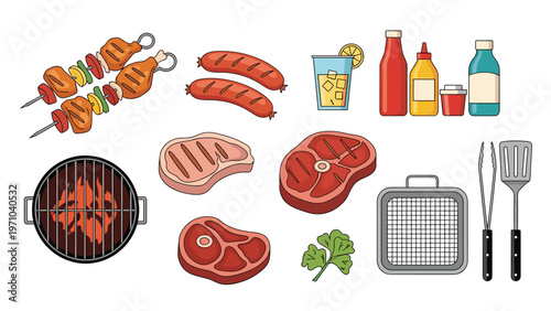 Variety of barbecue ingredients including meat steaks, sausages, skewers, sauces, a grill, and cooking tools for summer cookouts.