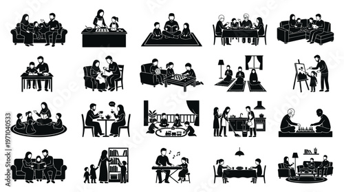 Muslim Family Daily Life Activities  Education Black  White Glyph Icons