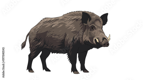 Detailed illustration of a large brown wild boar with tusks and thick fur standing isolated on a minimalist white background.