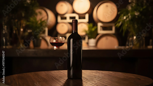 A single bottle of dark red wine stands on a rustic wooden table in front of a blurred winery bar with barrels and plants

