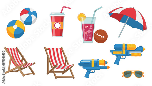 Collection of summer beach accessories including beach balls, drinks, umbrella, deck chairs, sunglasses, and water guns.