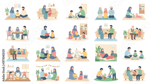Muslim Family Life and Parenting Flat Vector Illustrations Set
