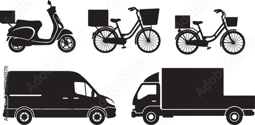 delivery transport scooter bike van truck silhouette set black clean design