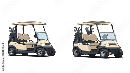Two identical beige and black golf carts equipped with golf bags and clubs parked side by side on a white background.