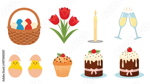 Variety of Easter holiday symbols including decorated eggs, chicks, tulips, traditional cake, a candle, and champagne glasses.