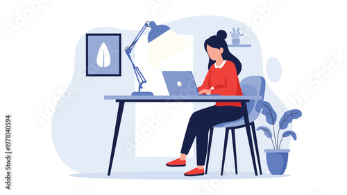 Young woman focused on her work while using a laptop at a desk with a lamp, chair, and indoor plants in a home office.