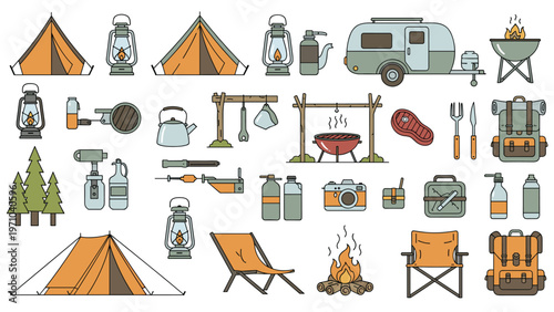 Comprehensive collection of camping and outdoor survival gear including tents, backpacks, lanterns, stove, and a trailer.