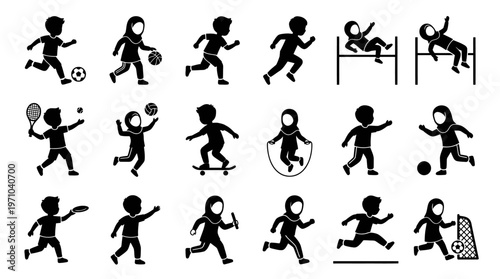 Black  White Glyph Icons: Diverse Children Playing Sports and Outdoor Activities