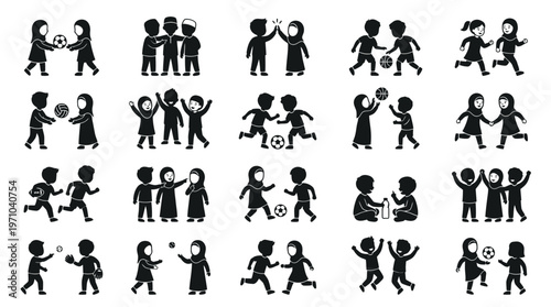 Diverse Kids Playing Friendship Glyph Icons - Children Interaction  Education Silhouettes
