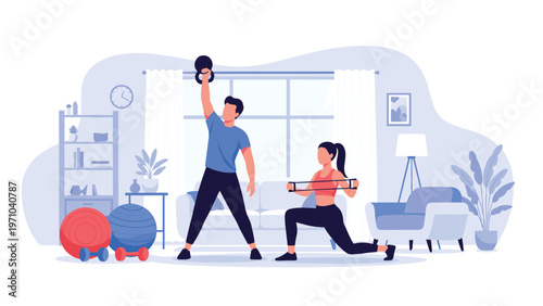 Man lifting a kettlebell and a woman doing lunges with a resistance band during a home workout session in a living room.