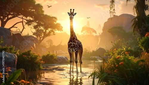 Giraffe in African Landscape at Sunset - A Majestic Wildlife Scene.