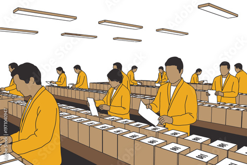 Workers in a factory are diligently sorting and packing boxes on an assembly line under bright fluorescent lights, showcasing industrial production and labor.