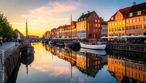 Picturesque Copenhagen Canal Scene at Sunset - Colorful Buildings and Reflections.