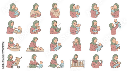 Muslim Mother and Baby Daily Care Routine Flat Cartoon Illustration Set
