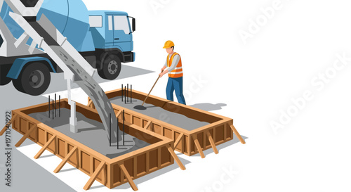 Construction Site Illustration with Mixer Truck Pouring Concrete into Foundation Formwork and Worker Smoothing Surface