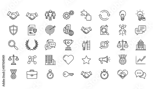A collection of business and achievement icons in a flat line art style