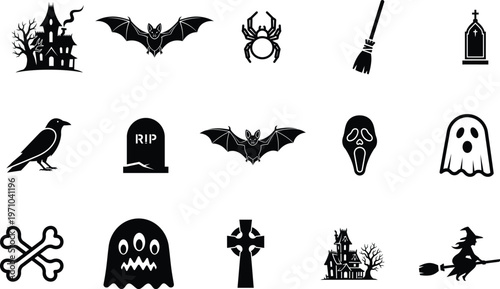Black silhouettes of Halloween themed icons and symbols on white background