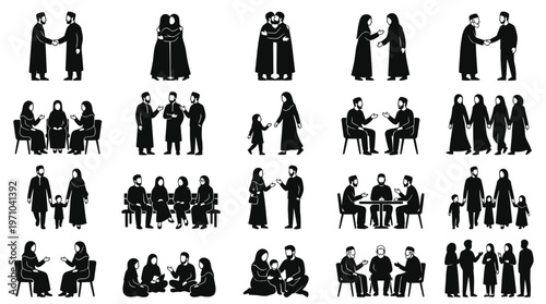 Islamic Community Black White Glyph Icons: Social  Business People Interactions