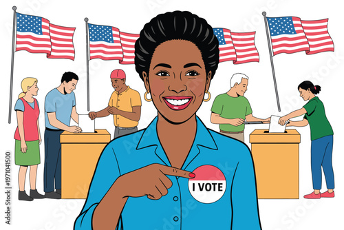 A smiling woman proudly displays her 'I VOTE' sticker while citizens cast their ballots at polling stations under American flags, symbolizing civic engagement and democratic participation.