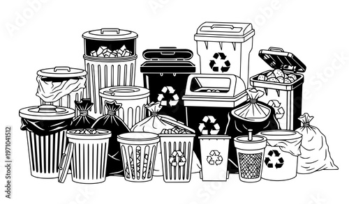 A black and white illustration of various trash cans and recycling bins