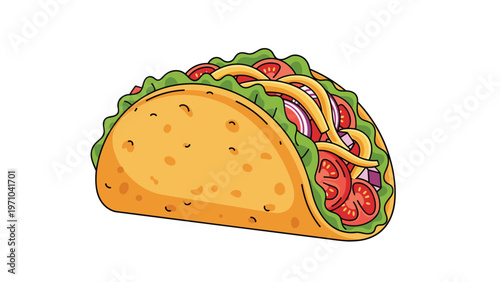 Delicious traditional Mexican taco filled with meat, lettuce, tomatoes, red onions, and cheese in a crispy yellow shell.