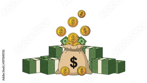 Large bag full of money with a dollar sign on it and golden coins falling into it on a background of cash stacks.