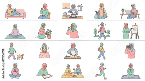 Diverse Muslim Women Daily Life Activities Flat Line Art Illustrations Collection