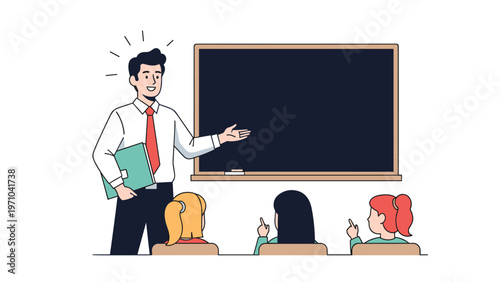 Professional male teacher standing in front of a blackboard and pointing at it while three students listen in class.