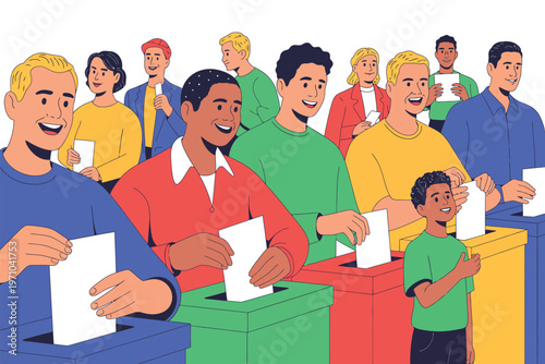 A diverse group of people of various ages and genders happily cast their votes in an election, demonstrating civic participation and democratic process.