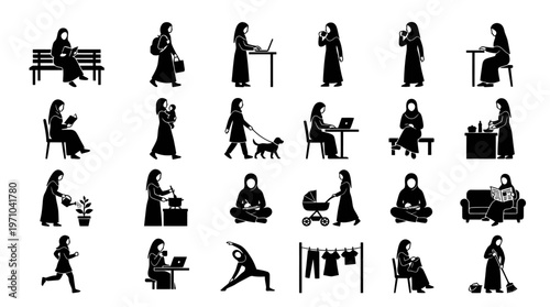 Woman in Hijab Daily Life Silhouette Icon Set