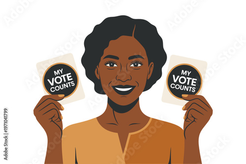 A smiling person holds up two cards that say "My Vote Counts," encouraging civic participation and the importance of individual voices in democratic processes.