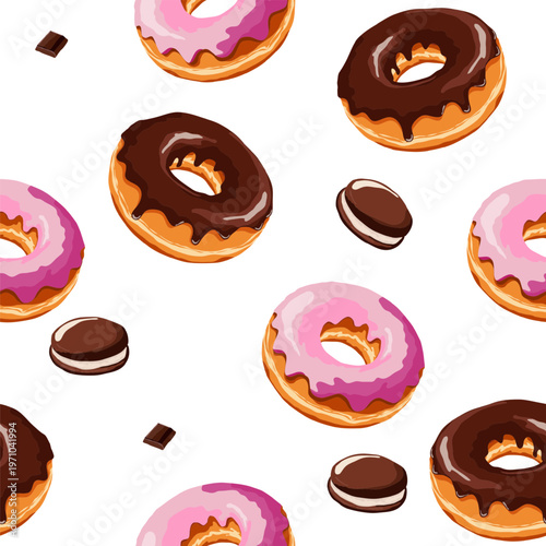 Sweet donuts with caramel and chocolate glaze. Vector illustration. Delicious pastries with fillings and chocolate cookies with cream on a seamless pattern. Not AI
