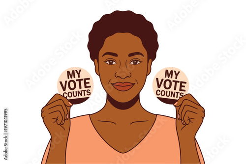 A person holds two circular pins that read 'My Vote Counts' in a clear depiction of civic engagement and the importance of individual participation in the democratic process, emphasizing that every