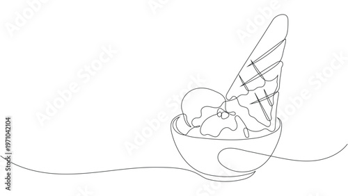 Continuous line drawing of ice cream scoops in a bowl  with waffle cone garnish, minimalist summer dessert. Editable stroke