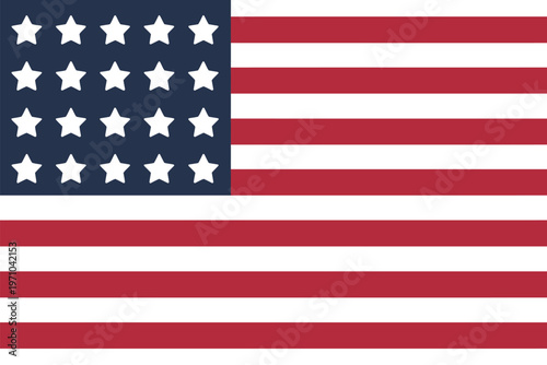 A close-up view of the American flag with 25 stars arranged in five rows of five within the blue canton, symbolizing the United States of America.