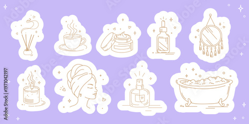 Spa icons stickers set with wellness beauty relaxation elements including candle bath tea perfume skincare and aromatherapy for spa branding beauty salons wellness apps skincare packaging.Vector