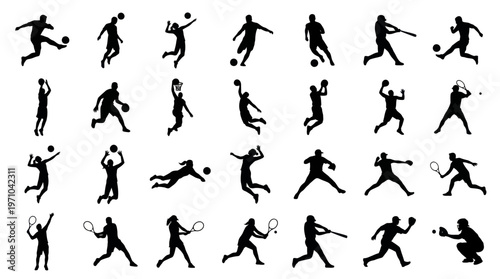 Dynamic Sports Athletes Black Silhouettes Vector Icons Set: Football, Basketball, Tennis, Baseball, Volleyball