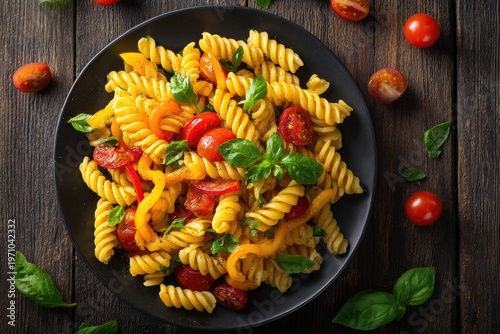 Spiraled pasta dish with cherry tomatoes, bell peppers, and basil