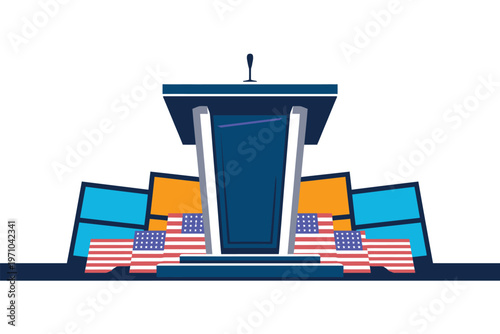 A modern podium with American flags is set up for a political debate or important speech.