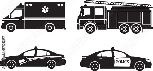 emergency response ambulance fire truck police car silhouette set black