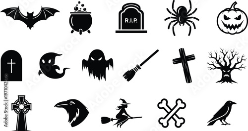 Halloween themed black silhouette icons set including bats spiders pumpkins ghosts