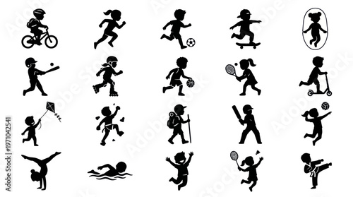 Kids Sports and Activities Silhouettes Icons Set - Children Playing Exercising Glyphs