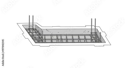 Technical Illustration of a Reinforced Concrete Foundation Trench with Steel Rebar Reinforcement Cage. Professional Architectural Diagram for Construction Planning.