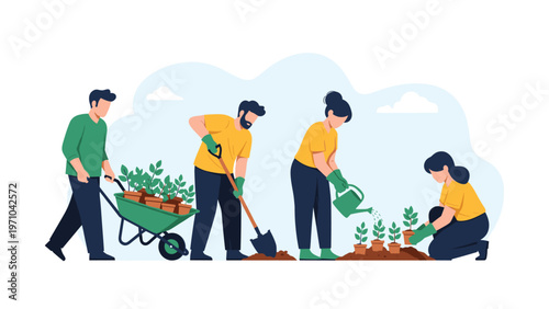 Group of active people work together in a community garden planting young trees and watering flowers to promote environmental sustainability.