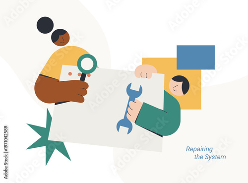 Flat style illustration of two diverse person using magnifying glass and wrench to inspect and fix a system panel, representing repairing the system, maintenance and IT support concept.

